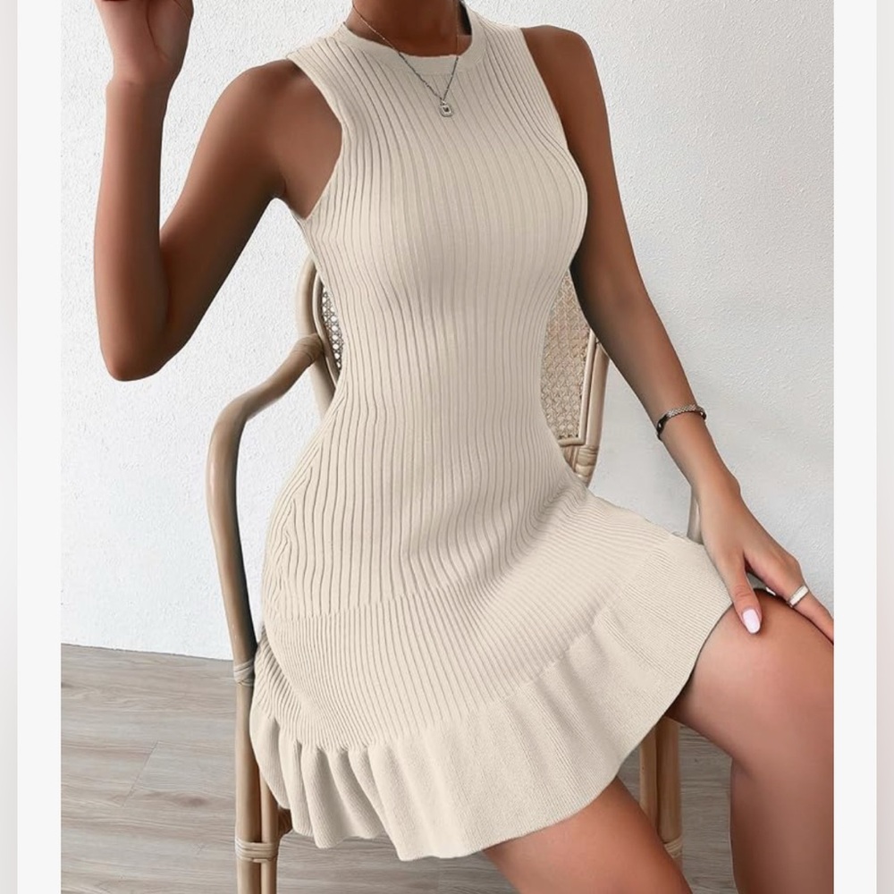 Crochet Ribbed Knit Ruffle Hem Sleeveless Bodycon Tank Mini Dress